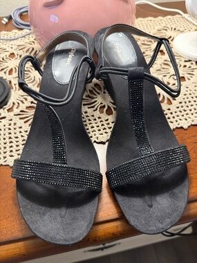 Style & Co. Black Rhinestone T-Strap Heeled Sandals